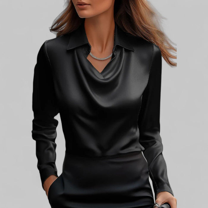 Rosita Satin Blouse – Women's Draped Neck Long Sleeve Silky Blouse - Monsta Online