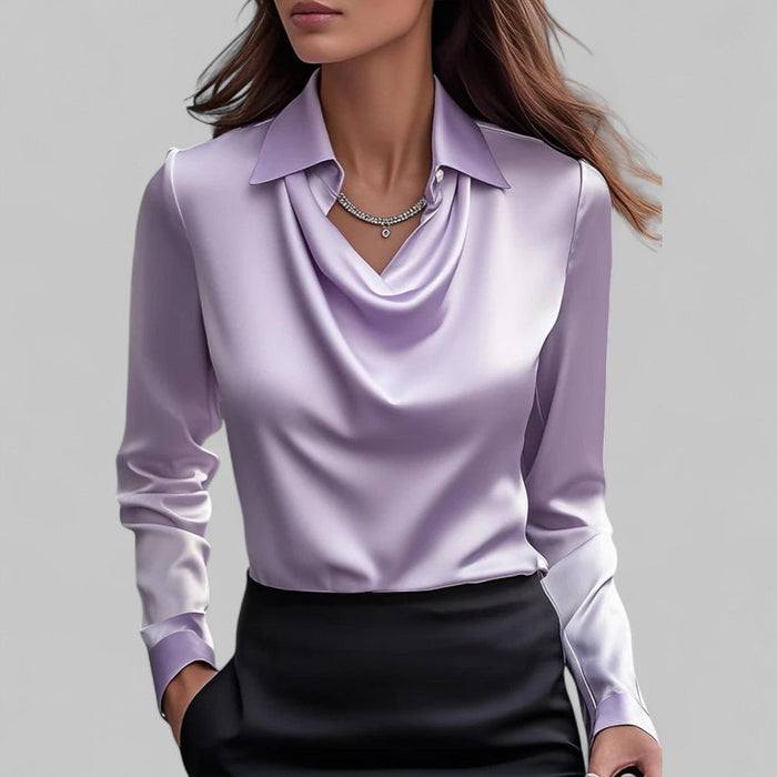 Rosita Satin Blouse – Women's Draped Neck Long Sleeve Silky Blouse - Monsta Online