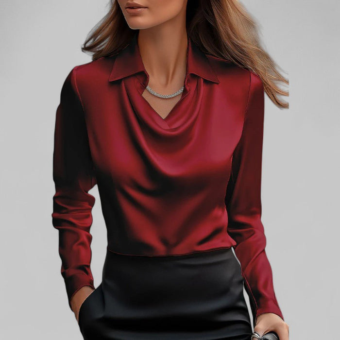 Rosita Satin Blouse – Women's Draped Neck Long Sleeve Silky Blouse - Monsta Online