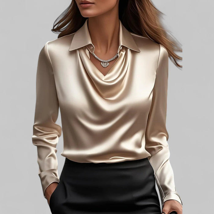 Rosita Satin Blouse – Women's Draped Neck Long Sleeve Silky Blouse - Monsta Online