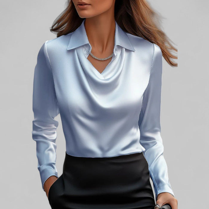Rosita Satin Blouse – Women's Draped Neck Long Sleeve Silky Blouse - Monsta Online