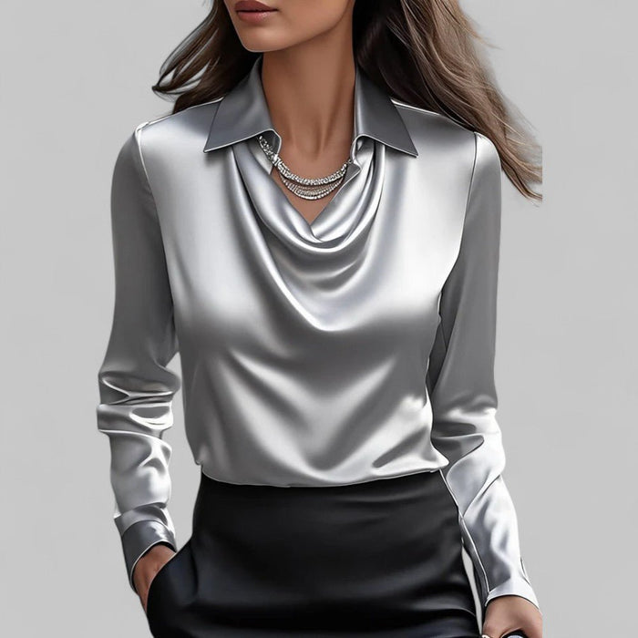 Rosita Satin Blouse – Women's Draped Neck Long Sleeve Silky Blouse - Monsta Online