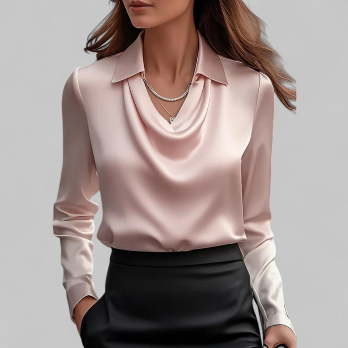 Rosita Satin Blouse – Women's Draped Neck Long Sleeve Silky Blouse - Monsta Online