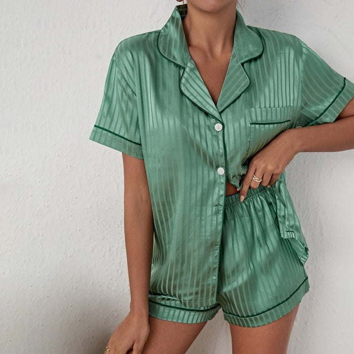 Women's Satin Pajama Set – Luxurious Loungewear Short Sleeve Top & Matching Shorts - Monsta Online