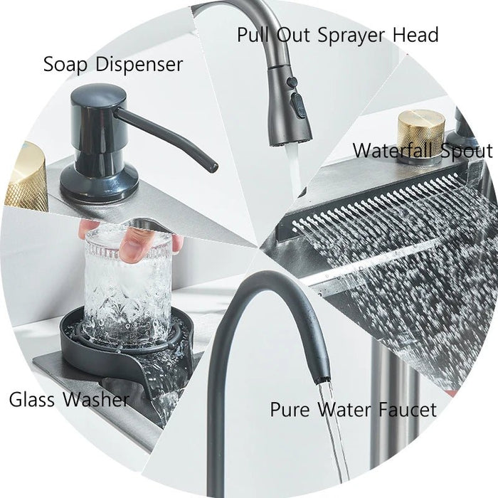 24" Flying Rain Waterfall Kitchen Sink Set with Integrated Faucet and Cup Washer - Monsta Online