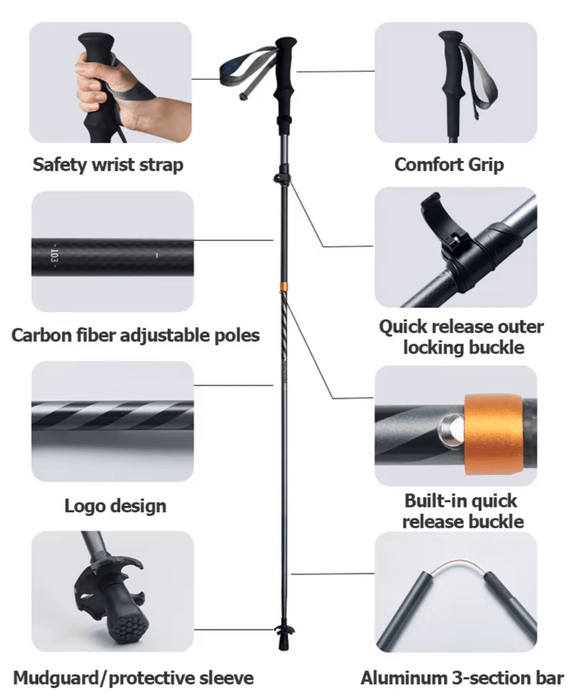 Ultralight Carbon Fiber Trekking Poles – Collapsible Hiking Poles with Ergonomic Grip - Monsta Online