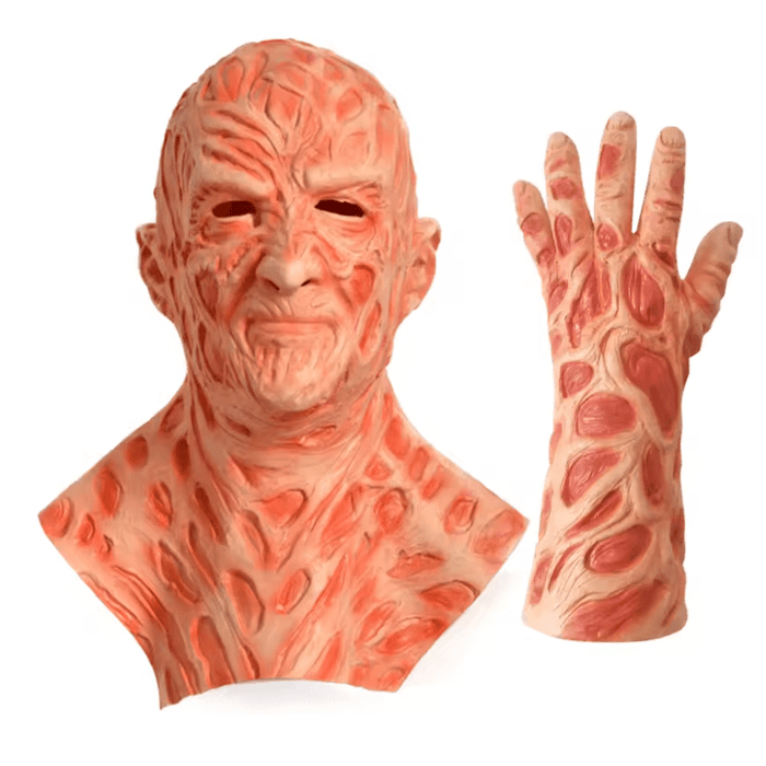 Halloween costume mask and gloves with textured surface on a white background
