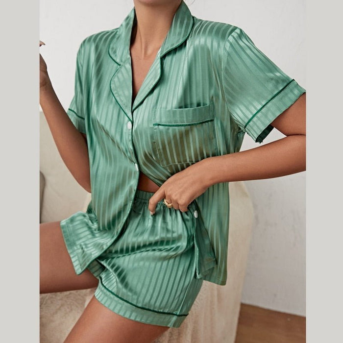 Women's Satin Pajama Set – Luxurious Loungewear Short Sleeve Top & Matching Shorts - Monsta Online