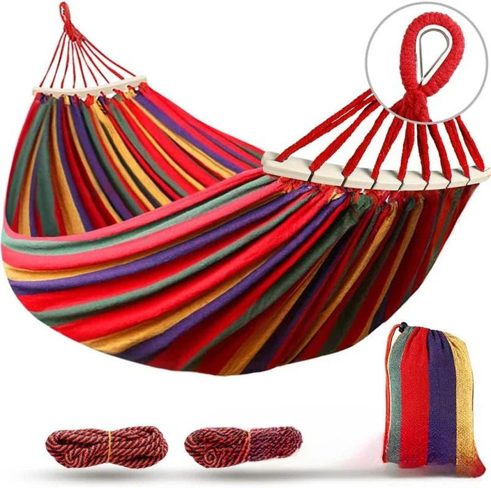 Luxury Canvas Double Hammock – Anti - Roll Design with Curved Wooden Spreader Bars & Carry Bag - Monsta Online