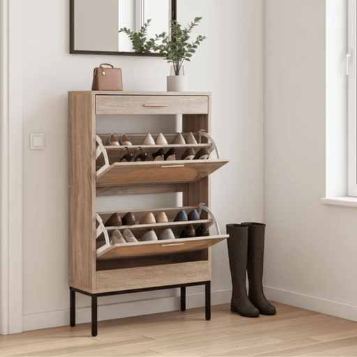 Modern Shoe Cabinet with Rattan Flip Drawers and Metal Frame - Monsta Online