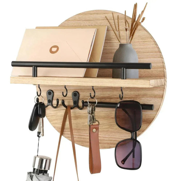Round Wooden Key Holder – Eco - Friendly Wall Organizer with Hooks & Shelf for Entryway - Monsta Online