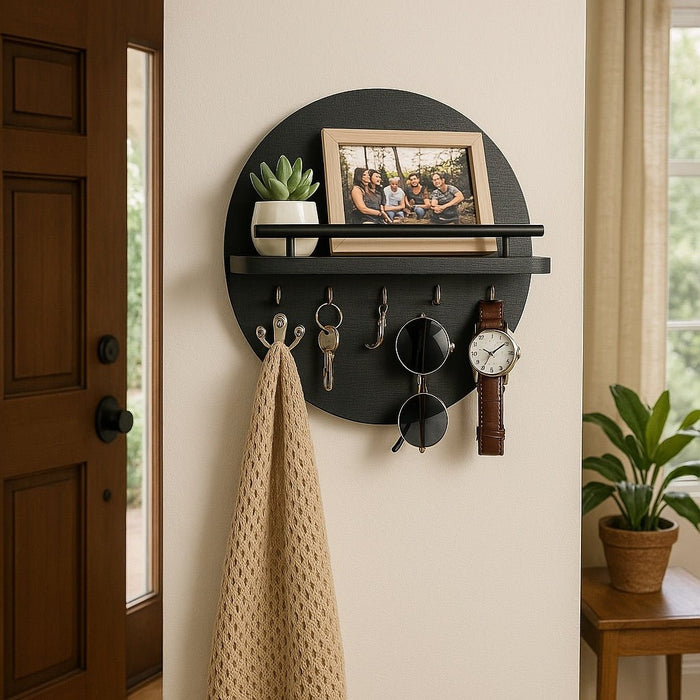 Round Wooden Key Holder – Eco - Friendly Wall Organizer with Hooks & Shelf for Entryway - Monsta Online