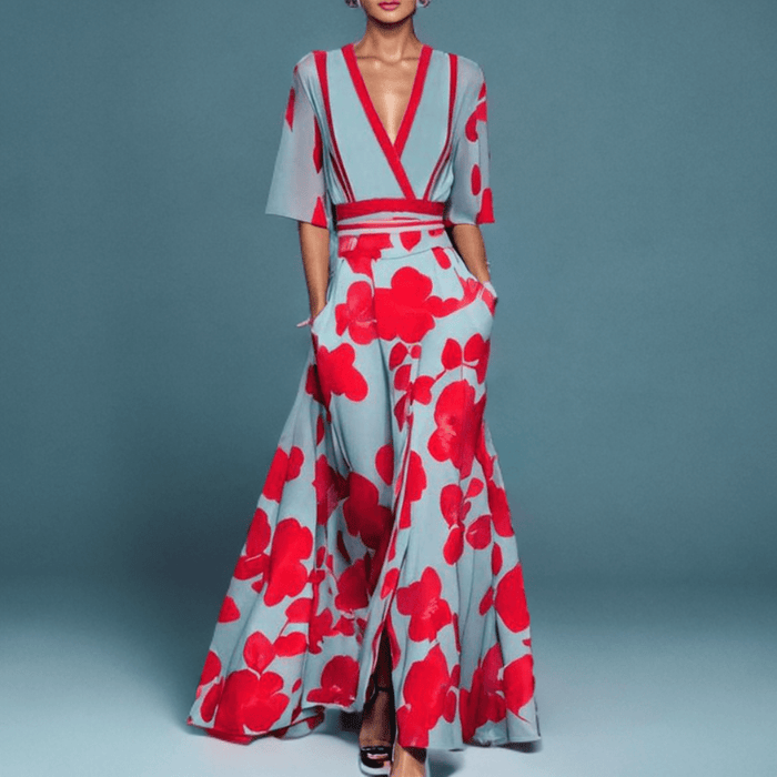 Women's Elegant Robe Dress – Waist - Flattering Wrap Style in Blue & Red for Any Occasion - Monsta Online