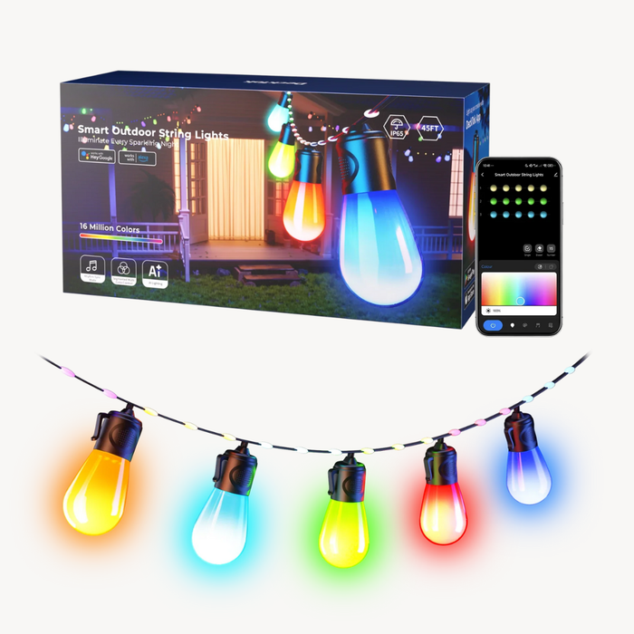 Smart outdoor string lights with packaging and smartphone app display on a white background