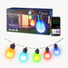Smart outdoor string lights with packaging and smartphone app display on a white background
