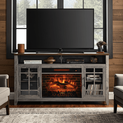 55 Inch Modern Electric Fireplace TV Stand with Storage Cabinets Gray Wash - Monsta Online