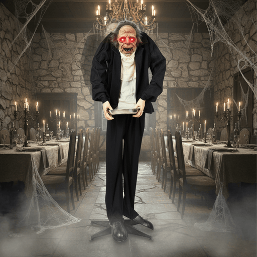5ft Animatronic Halloween Male Servant – Sound Activated with Glowing Eyes, Creepy Laughs - Monsta Online