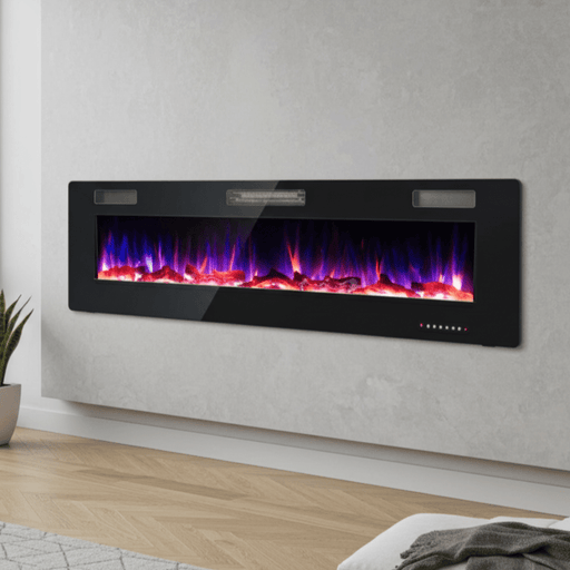68 Inch Ultra - Thin Wall Mounted Electric Fireplace Insert with Remote, Crystals and Logs - Monsta Online