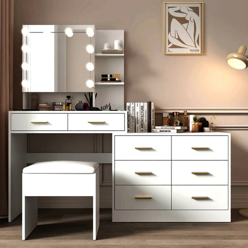 Large White Makeup Vanity with 10 Bulb Mirror, Storage Drawers and Charging Station - Monsta Online