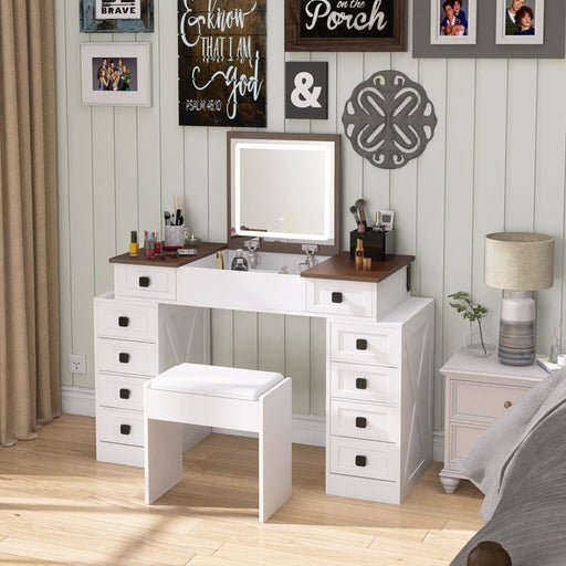 White Vanity Desk with Flip - up LED Mirror, 10 Drawers and Stool - Monsta Online