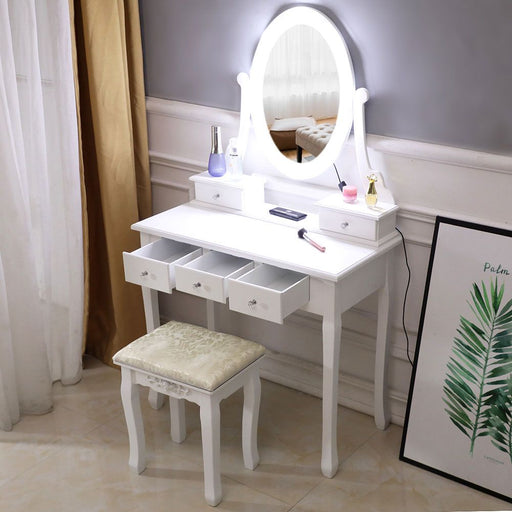 Elegant Vanity Desk with Mirror 10 LED Lights 5 Drawers and Cushioned Stool - Monsta Online