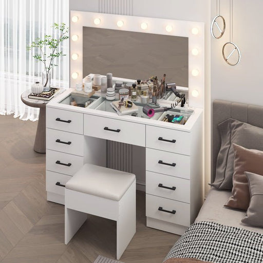 Glass Top Makeup Vanity with LED Bulb Vanity Mirror 9 Drawers and Charging Station - Monsta Online