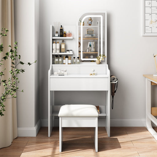 White Light - Up Vanity Desk with Mirror 3 Color LED and Cushioned Stool Set - Monsta Online