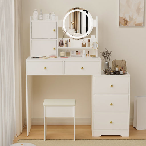 White Makeup Vanity with Round LED Mirror and Cushioned Chair - Monsta Online