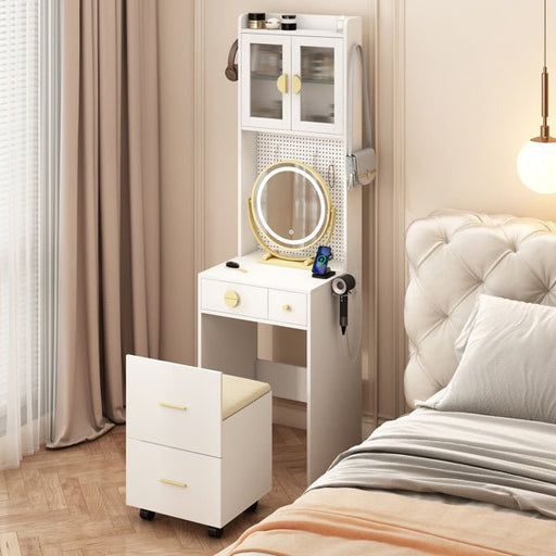 Compact White Vanity Desk with LED Mirror and Hidden Storage Stool - Monsta Online
