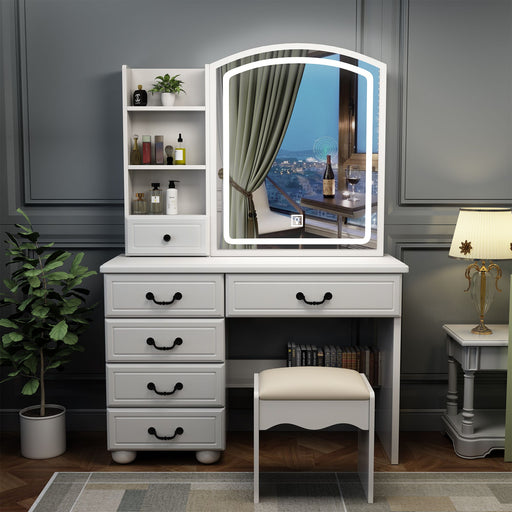 White Makeup Vanity Desk with Sliding Mirror Lights 6 Drawers and Matching Chair - Monsta Online