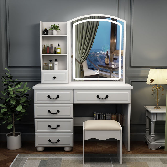 White Makeup Vanity Desk with Sliding Mirror Lights 6 Drawers and Matching Chair - Monsta Online