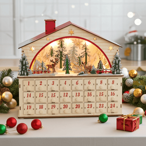 Wooden Christmas Advent Calendar House with LED Lights and 24 Drawers - Monsta Online