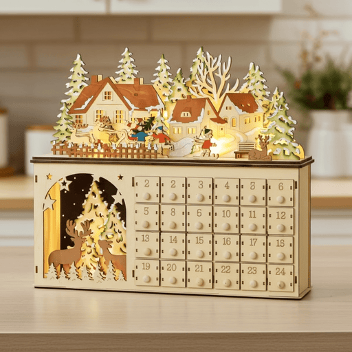 Light - Up Wooden Christmas Advent Calendar Holiday Countdown Box with 24 Drawers - Monsta Online
