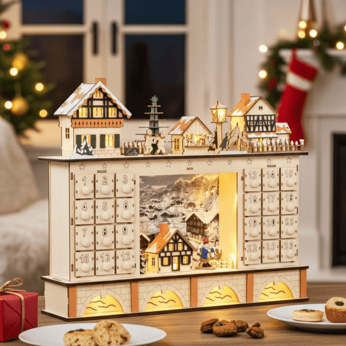 Light Up Wooden Christmas Advent Calendar Village Scene with 24 Fillable Drawers - Monsta Online