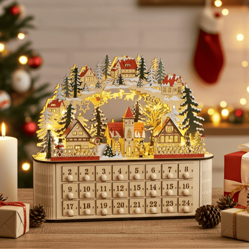 Wooden Christmas Advent Calendar Arched - Top with LED Lights and 24 Countdown Drawers - Monsta Online