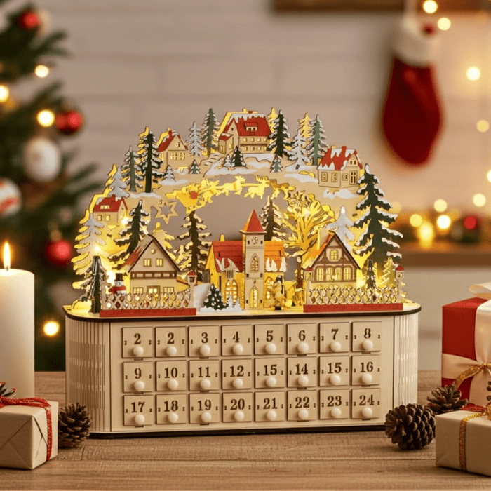 Wooden Christmas Advent Calendar Arched - Top with LED Lights and 24 Countdown Drawers - Monsta Online