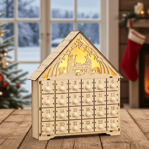 Wooden LED Christmas Advent Calendar Manger Scene with 24 Countdown Drawers - Monsta Online