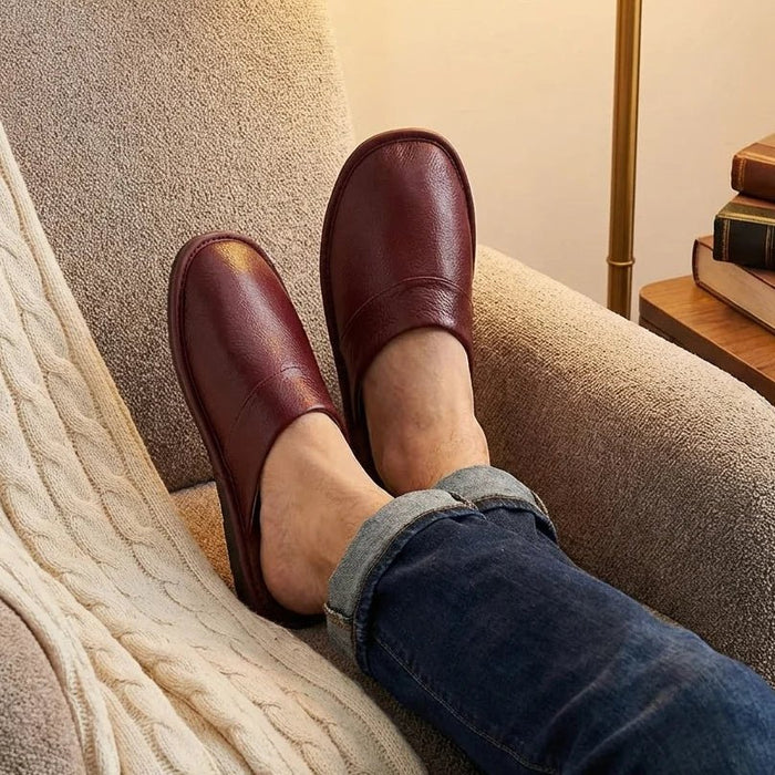 Men's Black Cowhide Leather Slippers – Arch Support, Non - Slip & Lightweight Footwear - Monsta Online