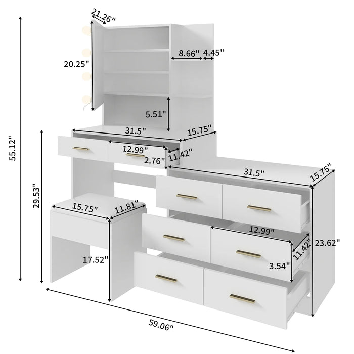 Large White Makeup Vanity with 10 Bulb Mirror, Storage Drawers and Charging Station - Monsta Online
