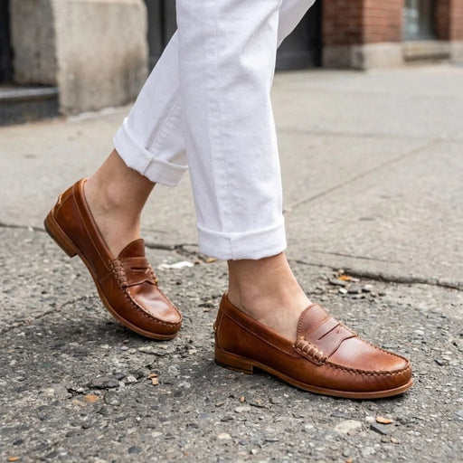 Women's Retro PU Leather Loafers – Low Heel Slip - On Comfort Shoes - Monsta Online