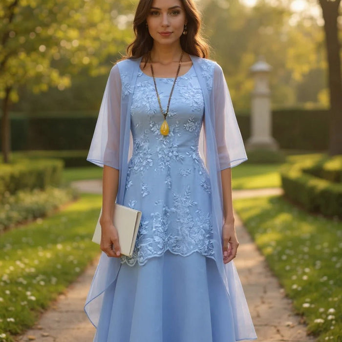 Women's Two - Piece Chiffon Dress Set – Elegant 3/4 Sleeve Patchwork Outfit - Monsta Online