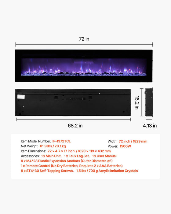 72 inch Modern Electric Fireplace Insert for Wall or Recessed Use with Remote - Monsta Online