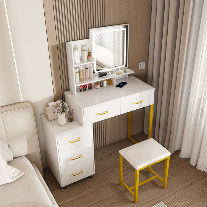 White Makeup Vanity with LED Lights 5 Drawers Power Outlet and Chair - Monsta Online