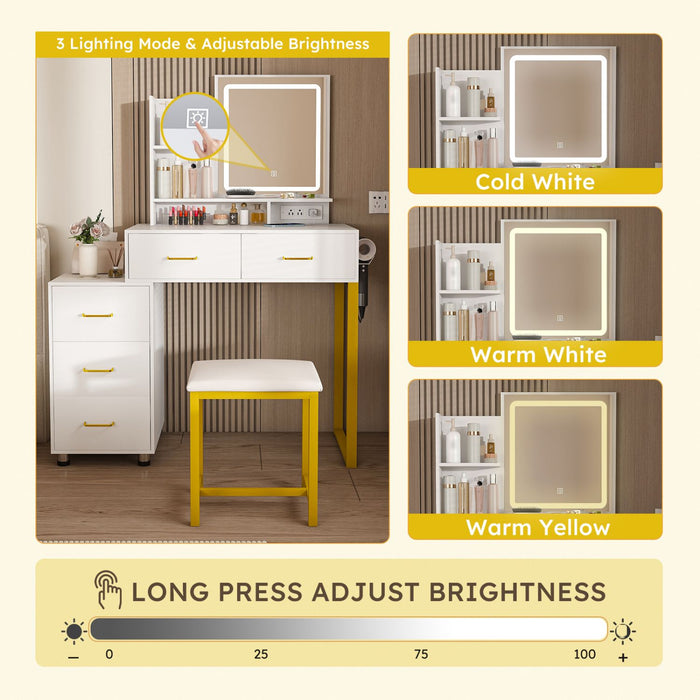 White Makeup Vanity with LED Lights 5 Drawers Power Outlet and Chair - Monsta Online