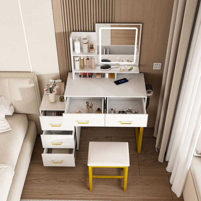 White Makeup Vanity with LED Lights 5 Drawers Power Outlet and Chair - Monsta Online