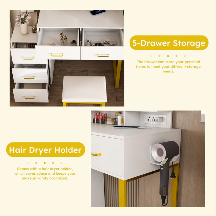 White Makeup Vanity with LED Lights 5 Drawers Power Outlet and Chair - Monsta Online