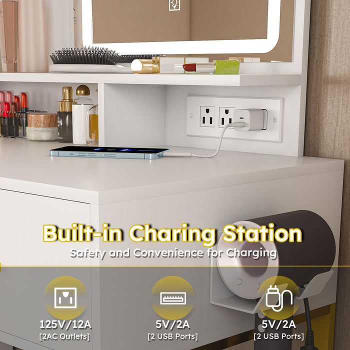 White Makeup Vanity with LED Lights 5 Drawers Power Outlet and Chair - Monsta Online