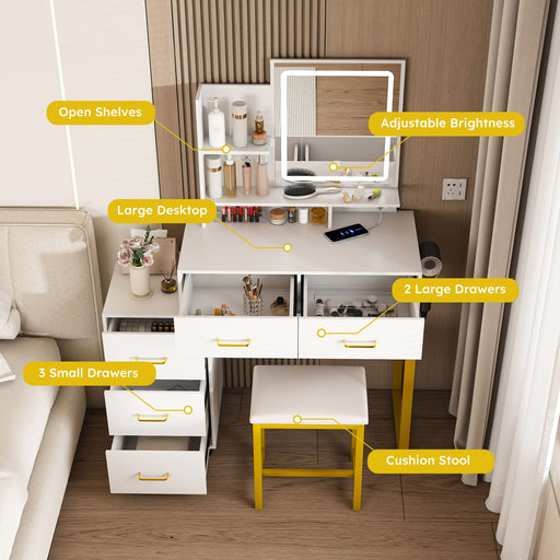 White Makeup Vanity with LED Lights 5 Drawers Power Outlet and Chair - Monsta Online