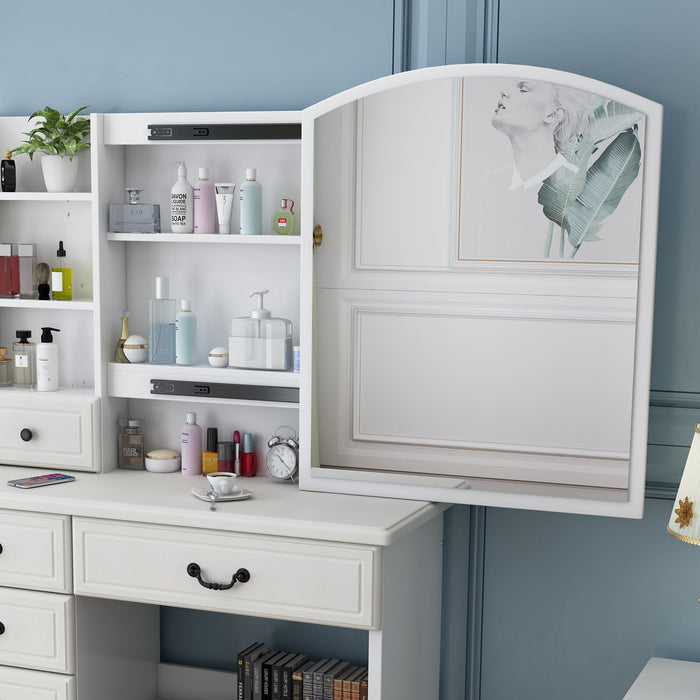 White Makeup Vanity Desk with Sliding Mirror Lights 6 Drawers and Matching Chair - Monsta Online