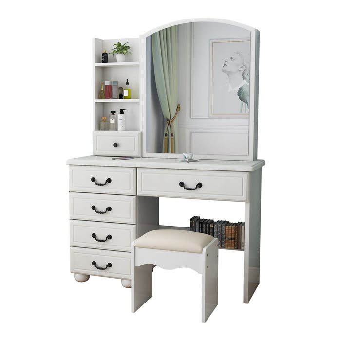 White Makeup Vanity Desk with Sliding Mirror Lights 6 Drawers and Matching Chair - Monsta Online
